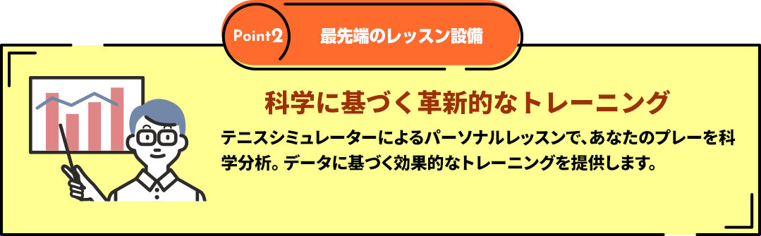 Point２「最先端のレッスン設備」科学に基づく革新的なトレーニング　最先端のテニスシミュレーターによるパーソナルレッスンで、あなたのプレーを科学分析。エビデンスに基づく、効率的かつ効果的なトレーニングを提供します。