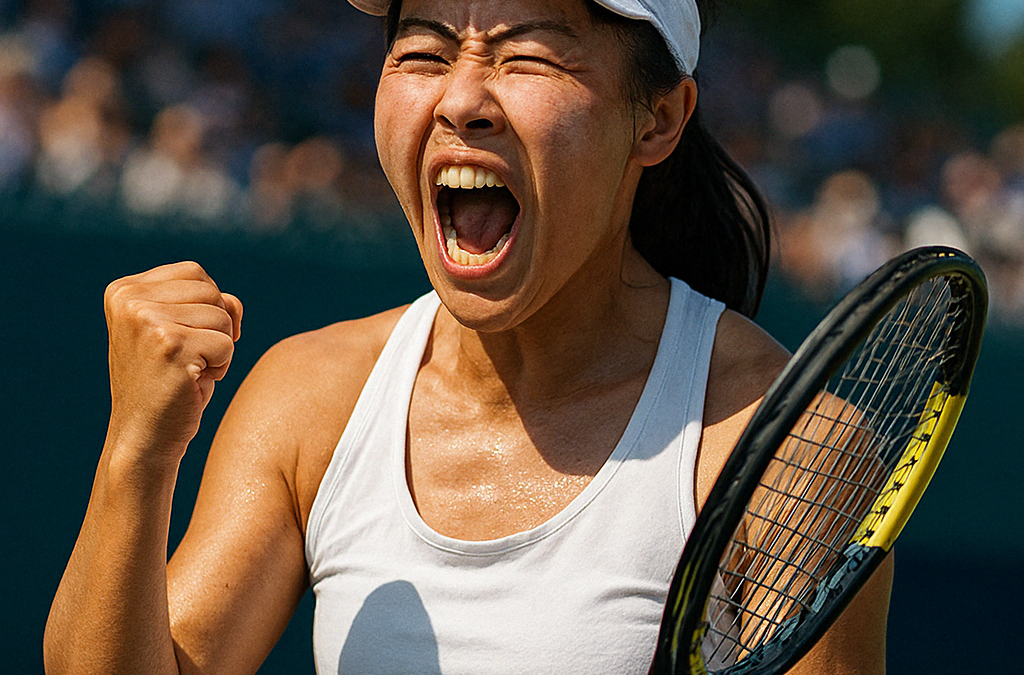 A young Asian female tennis player in a white visor and tank top clenches her fist and shouts in triumph on a sunlit court, holding a tennis racket with a powerful expression of victory and determination.